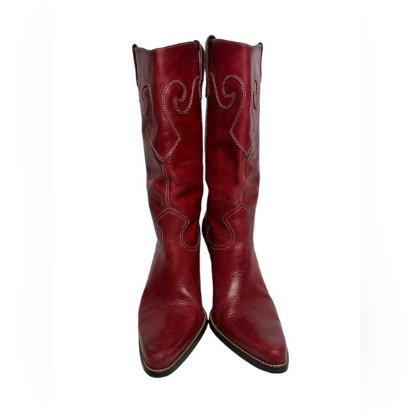 Steven Red Leather Cowboy Cowgirl Western Boots - Picture 2 of 16